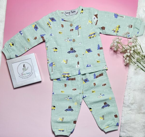 Premium Muslin Pyjama Set – "The mountain camper(mint green)" Edition