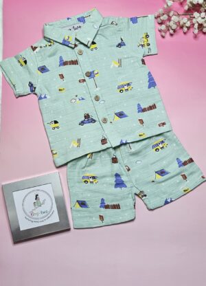 Premium Muslin Short Set – "Mountain camper(Mint green)" Edition
