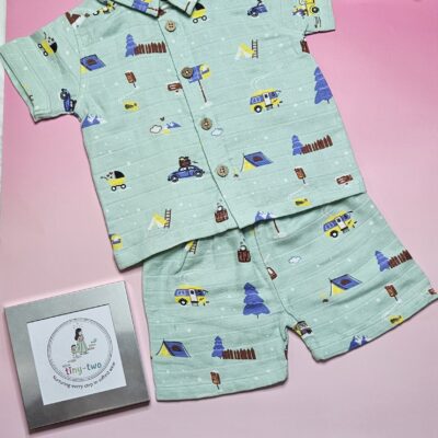 Premium Muslin Short Set – "Mountain camper(Mint green)" Edition