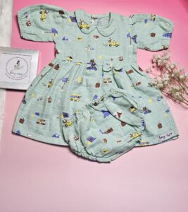 Premium Muslin Frock & Bloomers Set – "Mountain camper(Mint green)"