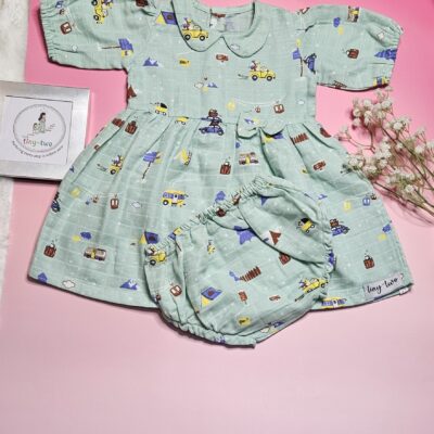 Premium Muslin Frock & Bloomers Set – "Mountain camper(Mint green)"
