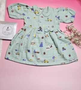 Premium Muslin Frock & Bloomers Set – "Mountain camper(Mint green)"